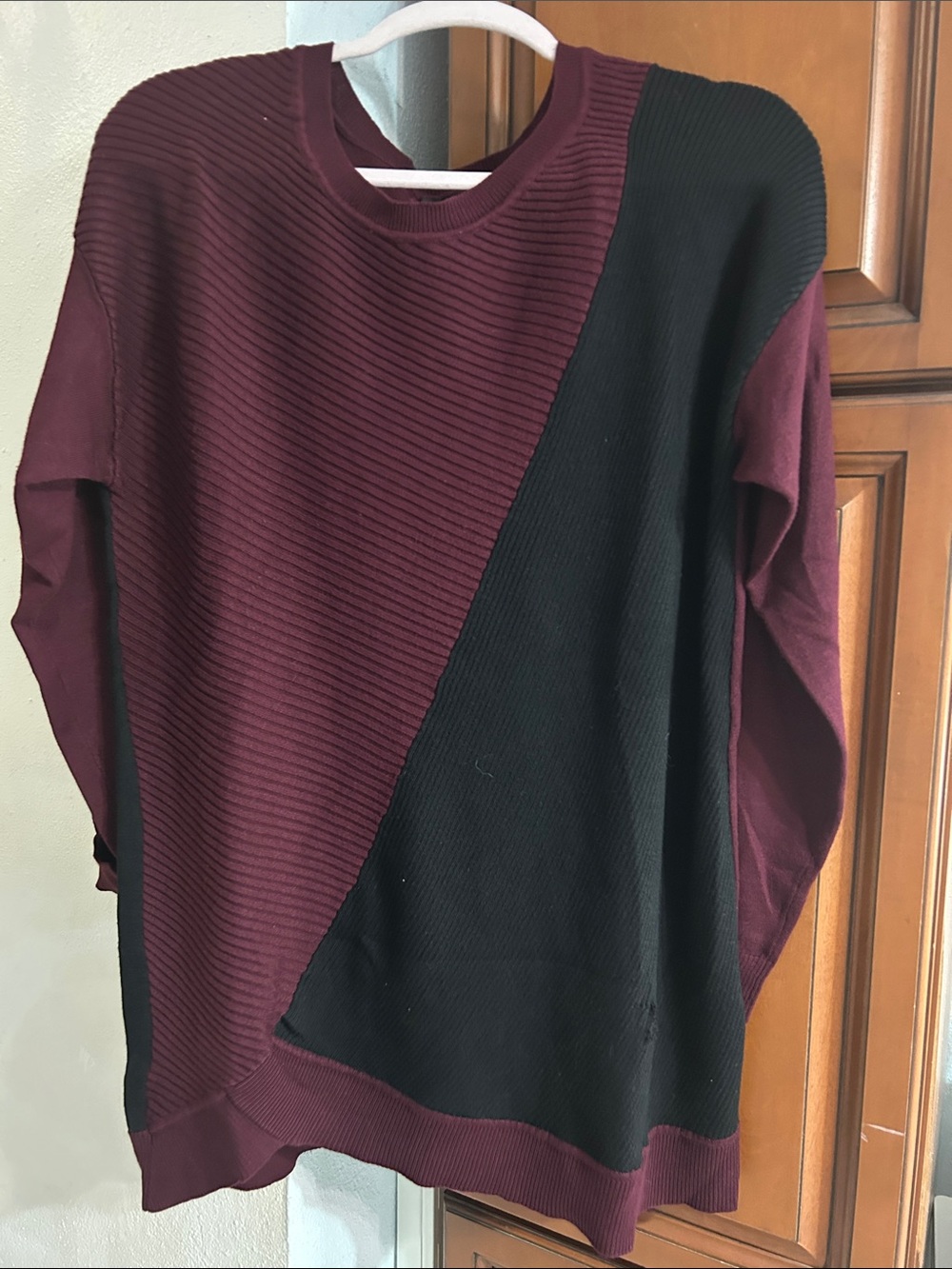 Verve Ami Men's Burgundy & Black Diagonal Colorblock Crewneck Sweater